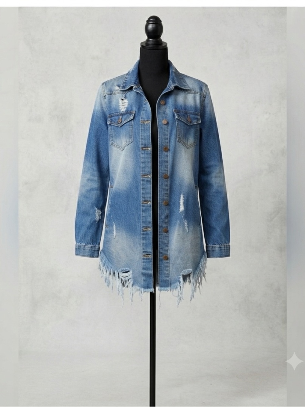 Distressed Denim Jacket / shacket. Raw edge. Perfect over dresses. Medium